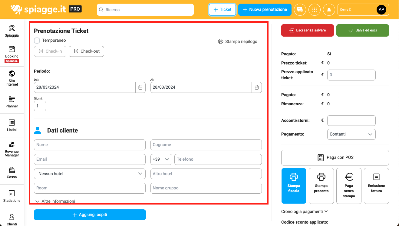 prenotazione ticket - dati